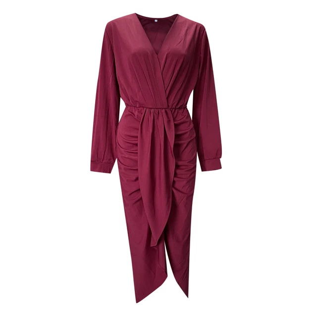 WOMEN'S SEXY V Neck Ruched Bodycon Dress Long Sleeve Wrap Cocktail ...