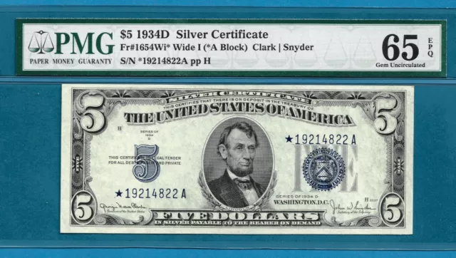 1934 D $5 Silver Certificate Star Note Fr# 1654Wi* Wide I PMG Gem Unc-65 EPQ