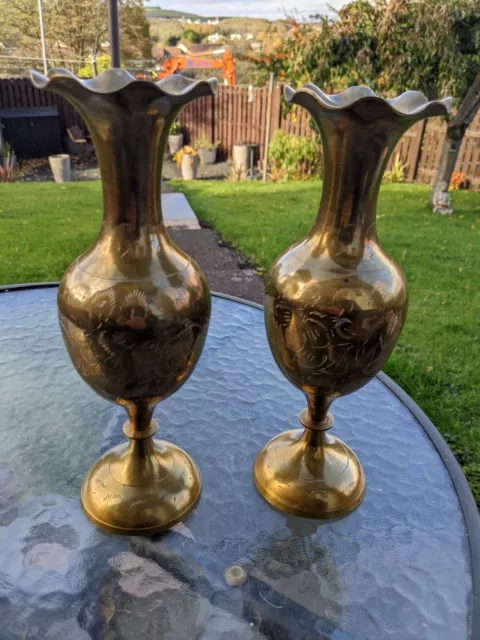 2 Large Brass Vases Flower Pots Tulip Jugs Vintage