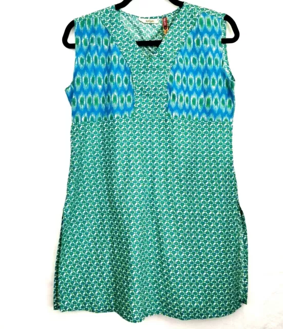 Karigari green Fine Indian Cotton Turquoise Kaftan Kurta Kurti Sz M