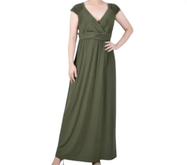 NY Collection Maxi Dress Womens size XL Petite PXL Green Vneck Cap Sleeve New