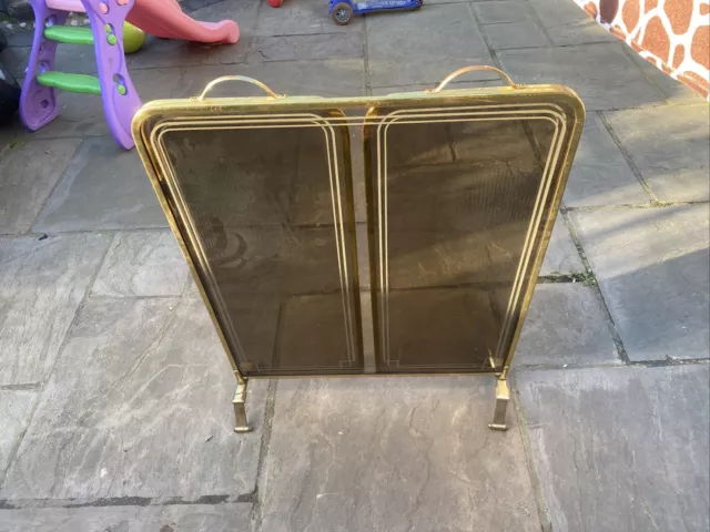 Vintage Brass Folding 3 Panel Fire Screen Large Spark Guard Arch Protector