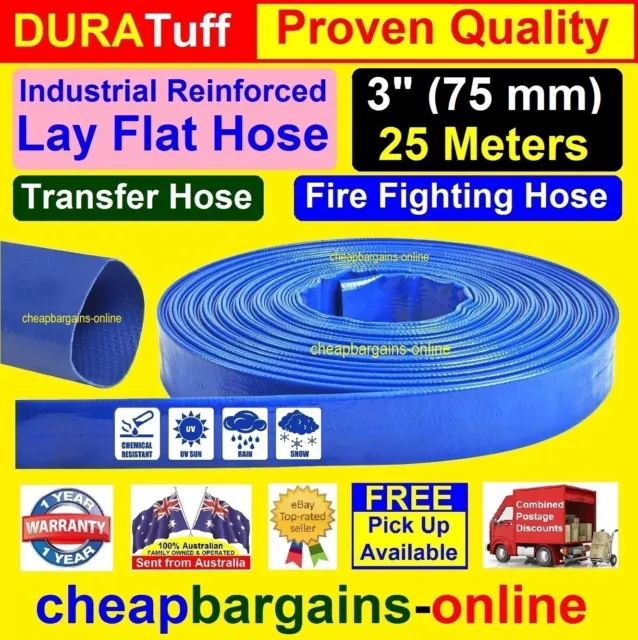 3 in LAY FLAT HOSE 25 Mt LONG 75 mm PVC WATER TRANSFER IRRIGATION FIRE TANK HOSE