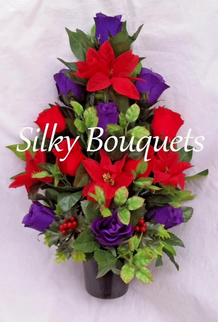 Christmas Grave Pot Tribute Memorial Artificial Flower Flat-Back Poinsettia Rose