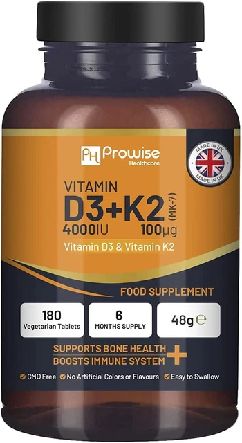 Vitamin D3 4000IU & K2 MK7 100Μg Vegetarian Tablets I 180 (6 Months Supply) I Ea