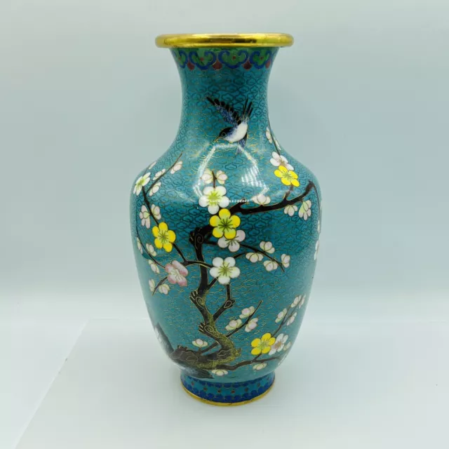 Vintage Chinese Cloisonne 9 1/2” Tall Vase Turquoise Bird Flowers