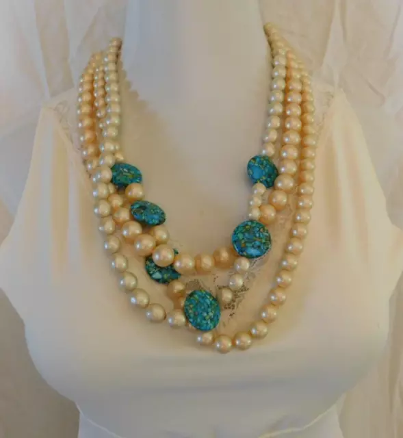 Vintage Lot of Three Faux Pearl Beaded Bold Necklaces Cream/Turquoise