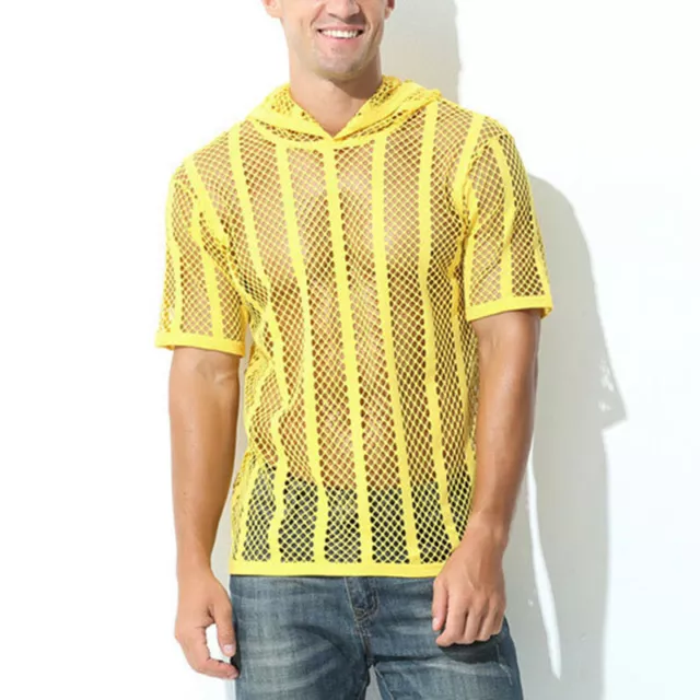 Uomo Rete T-Shirt Top Camicia con Cappuccio Tee Camicetta Trasparente Gym SPORTS