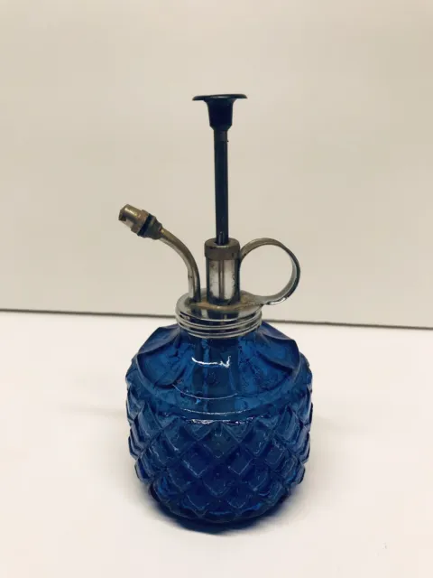 Vintage Plant Mister Cobalt Blue Glass Diamond Pattern Brass Plunger 6 1/2”