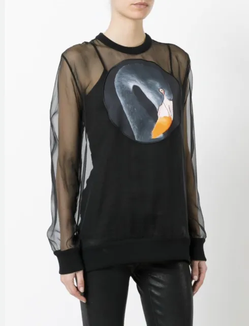 Givenchy Top Black Silk Georgette Shirt Blouse Sheer Flamingo Bird Patch S $1660