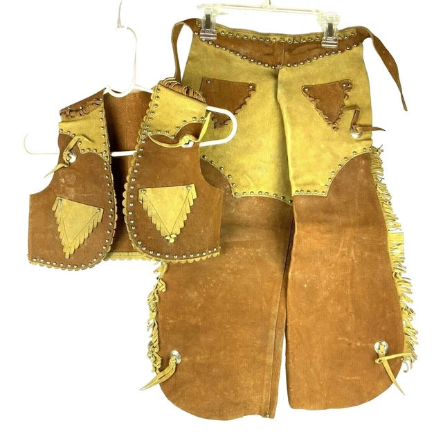 Childrens Western Vest Chaps Suede Leather Studs Fringe Schoellkopf Dallas 1950s