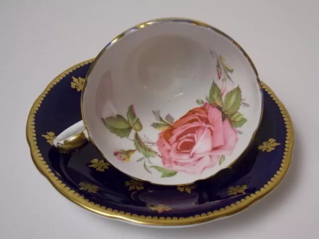 Aynsley Tea Cup Saucer Vintage Cobalt Blue Pink Cabbage Rose Gold Fleur De Lis 2