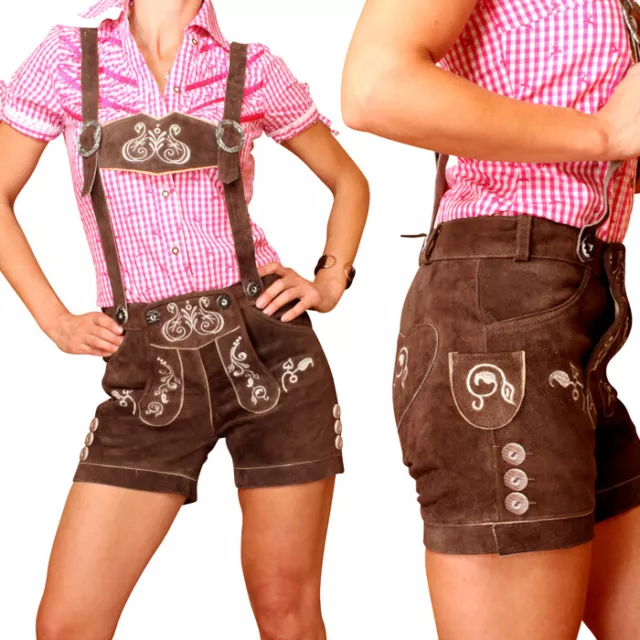 Trachten Lederhose Lederhosen für Damen Kurz Braun Short Leder kudc4