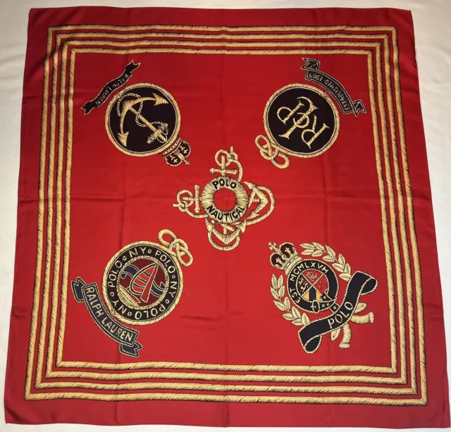VTG Polo Ralph Lauren Silk Scarf Red Nautical Crest Logo Sailing Rope Large 35”
