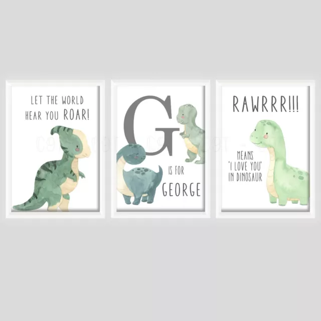 Boys Dinosaur Personalised PRINTS ONLY A4 Nursery Room Blue Green Grey Dino Roar 2