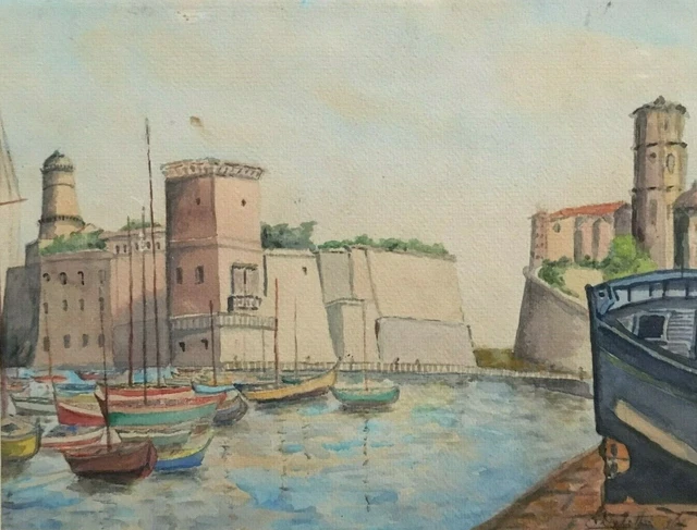 Aquarelle Paysage marin marine port mer océan bateau voilier DELETTRE 1874