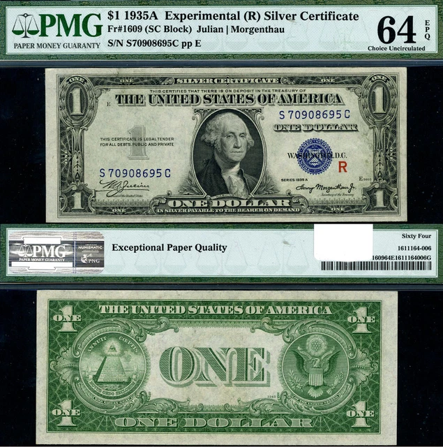 FR. 1609 $1 1935-A Silver Certificate Experimental (R) S-C Block Choice PMG CU64