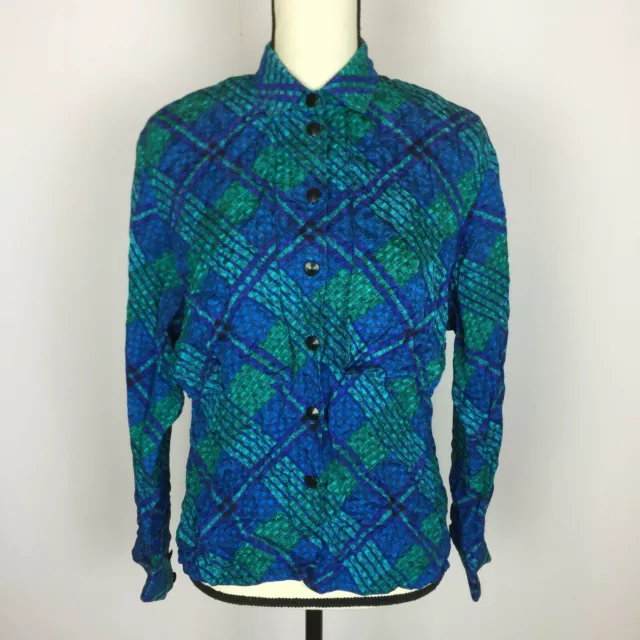 Vintage Adrianna Papell Shirt Blouse Womans Size 6 Blue Green Plaid 100% Silk