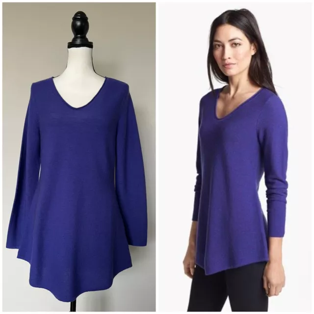 Eileen Fisher Sz Medium Purple Lightweight Merino Wool V Neck Tunic Sweater