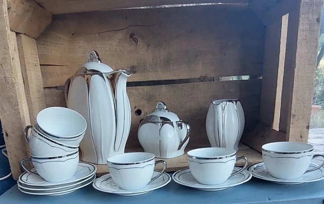 Lot De 6 Tasses à Café Avec Soucoupes – Porcelaine Blanche & Liseré Argenté, Style Rétro