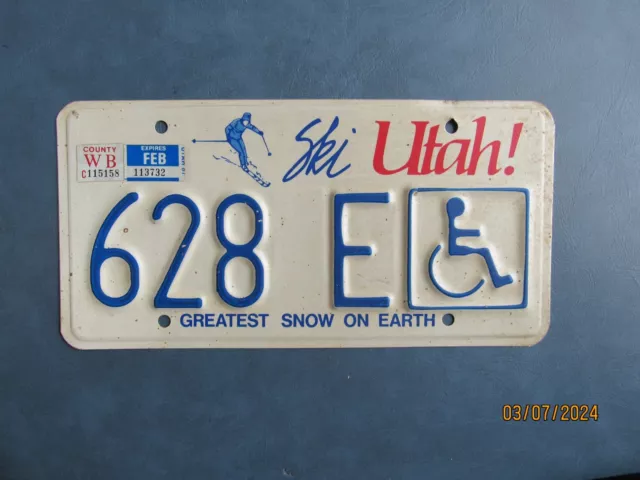 Ski UTAH Disabled License Plate from 1980's -- No. 628 E