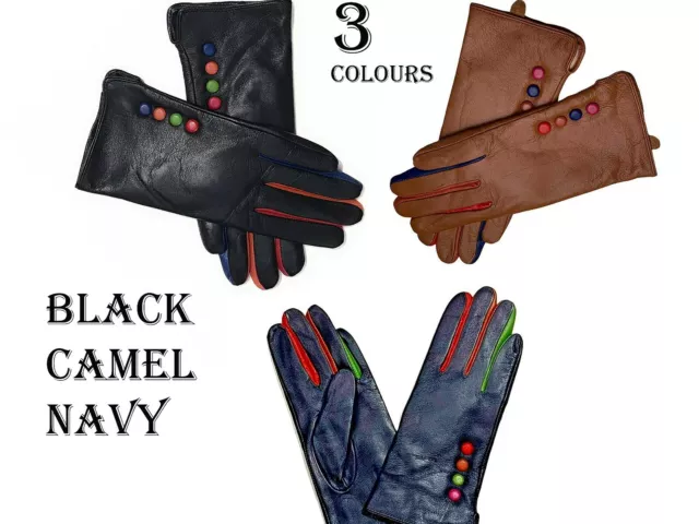 Leather Gloves Button Ladies Soft Full Coloured Fully Lined Women's Black Glove