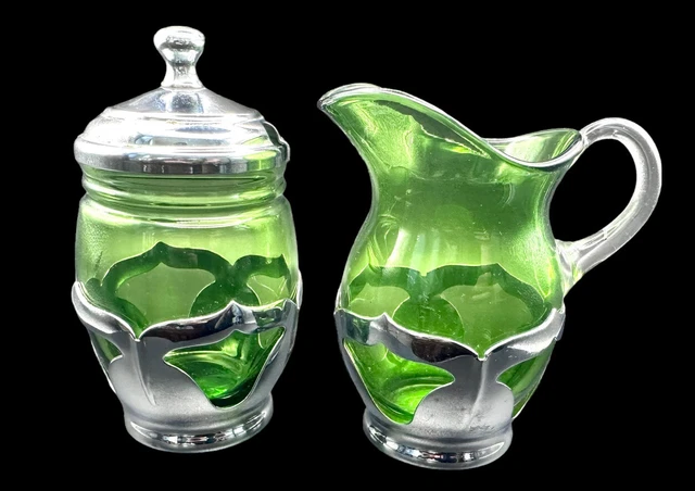 Vtg Cambridge Green Depression Glass Farber Bros Krome Kraft Creamer & Sugar Set Vtg Cambridge Green Depression Glass Farber Bros Krome Kraft Creamer & Sugar Set