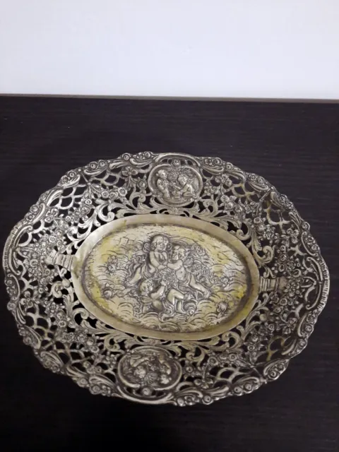 Antique German 19.c repousse  silver bowl dish  with cherubs , hallmarked 800