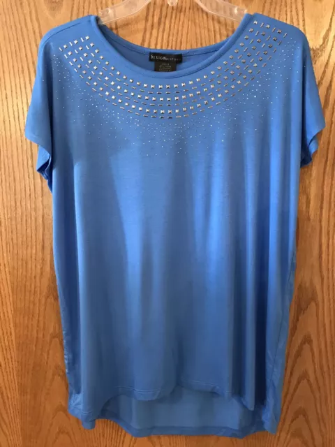 Design History Womens Missy Studded Rhinestone Blouse Top, Athens Blue ,Medium