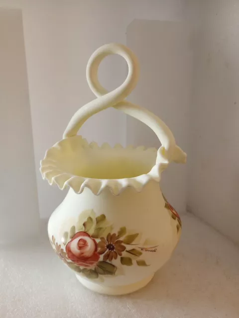 Fenton Art Glass Flowers Painted on Custard Ruffled Twisted Handle Basket Signed