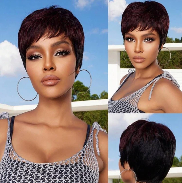 Perruque Cheveux Humains Courte Style Pixie Noir - Avec 4 Bonnets - Neuf Sans étiquettes