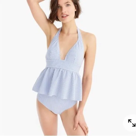 J Crew Blue Seersucker Peplum Tankini Swim Top Size Small