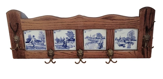Antique Dutch Wooden Coat Rack Oak Wood Delft Blue Tile Lion head Hooks