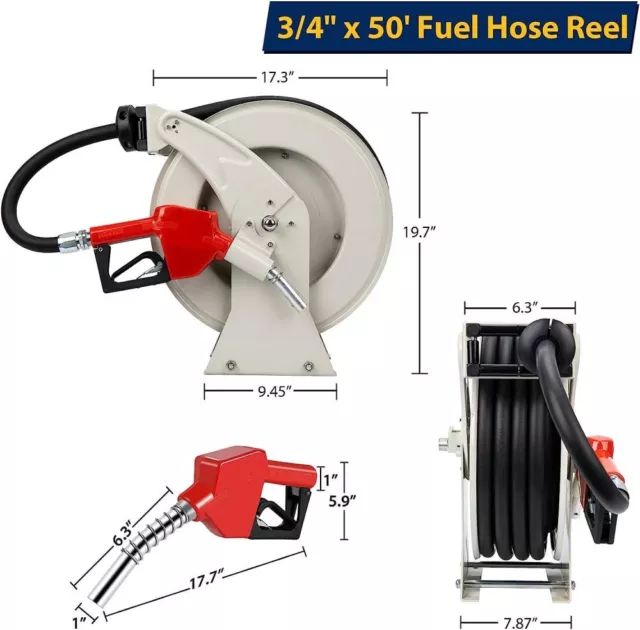 Fuel Hose Reel 3/4" x 50' Ft Heavy Duty Industrial Retractable Diesel Hose Reel 3