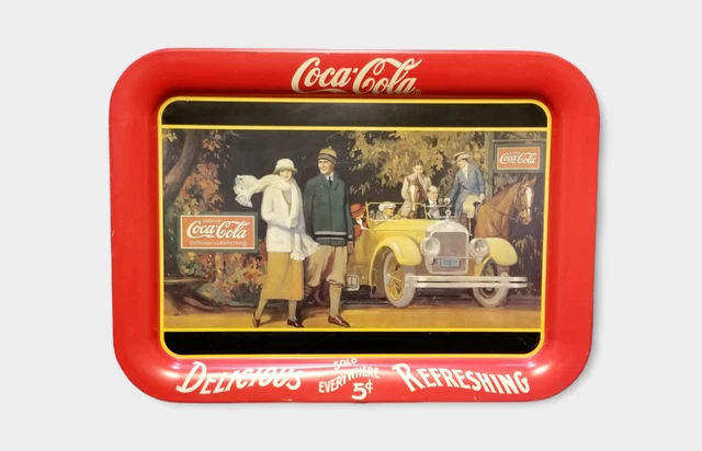 COCA-COLA TRAY 1987 Vintage Touring Car Metal Wall Decor Hanging Sign