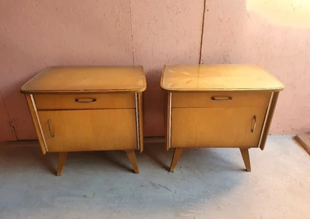 french modern mid century 60s vintage 2 nightstands bedside tables retro wood