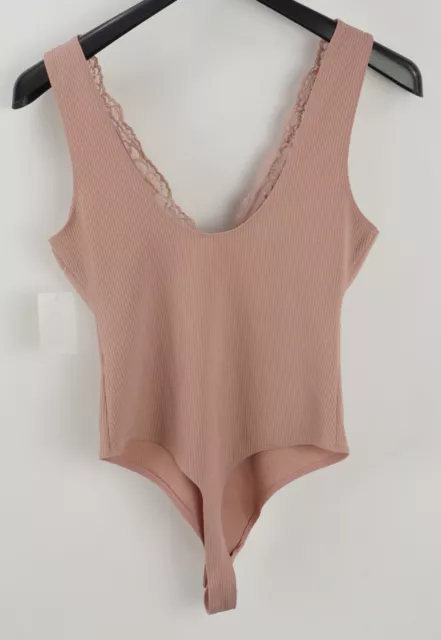 New Free People First Call Bodysuit Women's Size M Mauve Pink Lace Trim Rib Knit 2