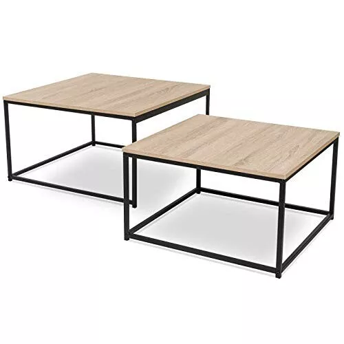 Lot de 2 Tables Basse Carrés Style Industriel Bois Acier Noir Salon