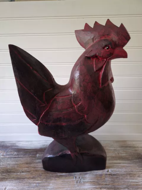 Vintage Folk Art Solid Hard Wood Hand Carved Large Wooden Rooster Chicken 19” H