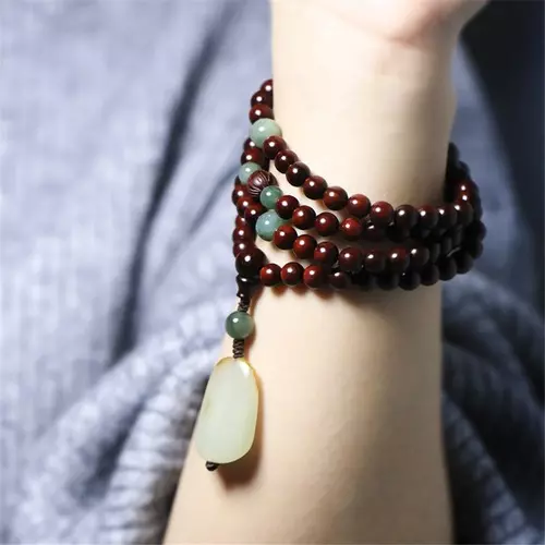 108 Leaf Red Sandalwood Multi-circle Beaded Bracelets Hetian Jade Pendant Agate