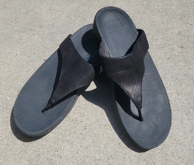 Fitflop L95-001 Womens Lulu Thong Sandals Black Fabric Wedge Heel Size 11