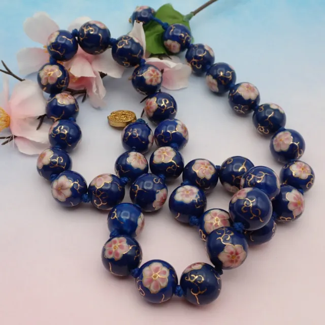 Vintage Blue Pink Chinese Export Huge 15mm 26" Knotted Cloisonne Bead Necklace