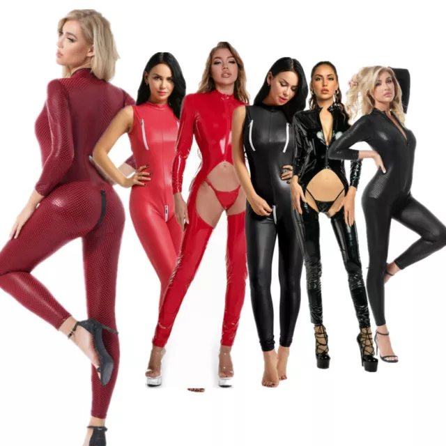 Women's Wetlook Bodysuit Patent Leather Jumpsuit Catsuit Party Clubwear Lingerie