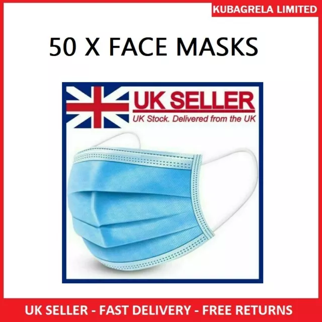 50 x Face mask disposable FULL BOX - Surgical mouth cover 3ply breathable dust