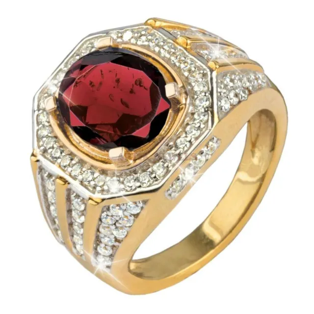 Natural Garnet Gemstone with 14K Gold Plated Silver Ring for Men's #863