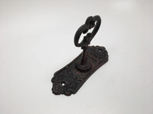 Cast Iron Victorian Style Escutcheon w Skeleton Key Wall Mount Coat Hook NEW!