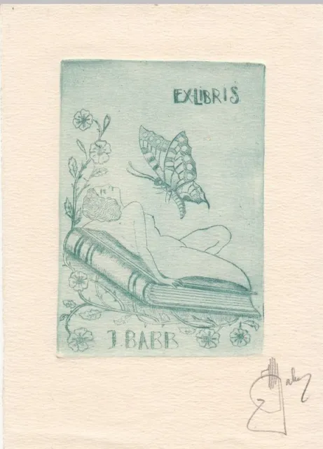 Exlibris Bookplate Radierung Janos Babb Nu Féminin Papillon Ipse Livre D'Art