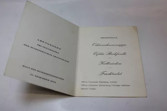 Speisekarte Bundespräsident  12/1959 Abendessen im Haus Theodor Heuss Sammlerrar
