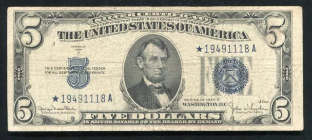 Fr. 1654* 1934-D $5 Five Dollars *Star* Silver Certificate Currency Note Vf