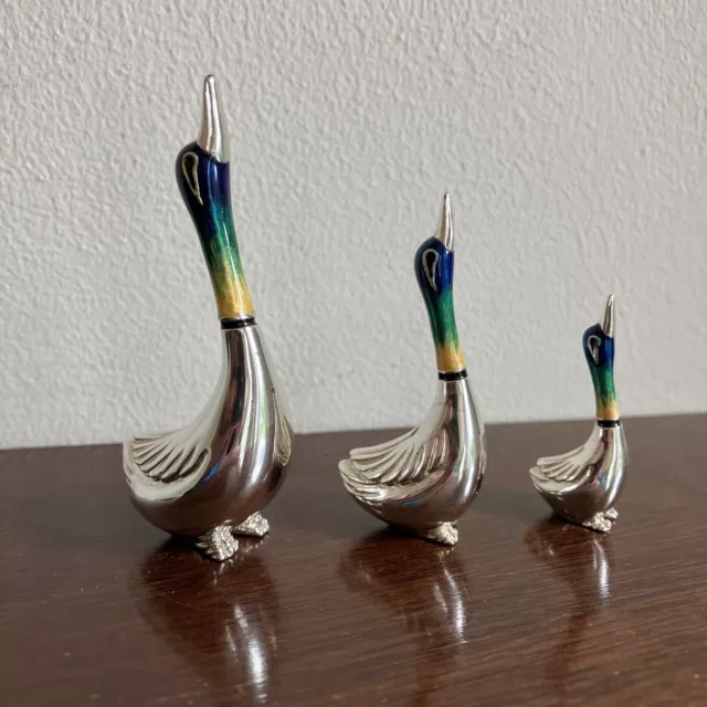 Saturno Sterling Silver & Enamel 3 x Long Neck Duck Figurines, Hallmarked